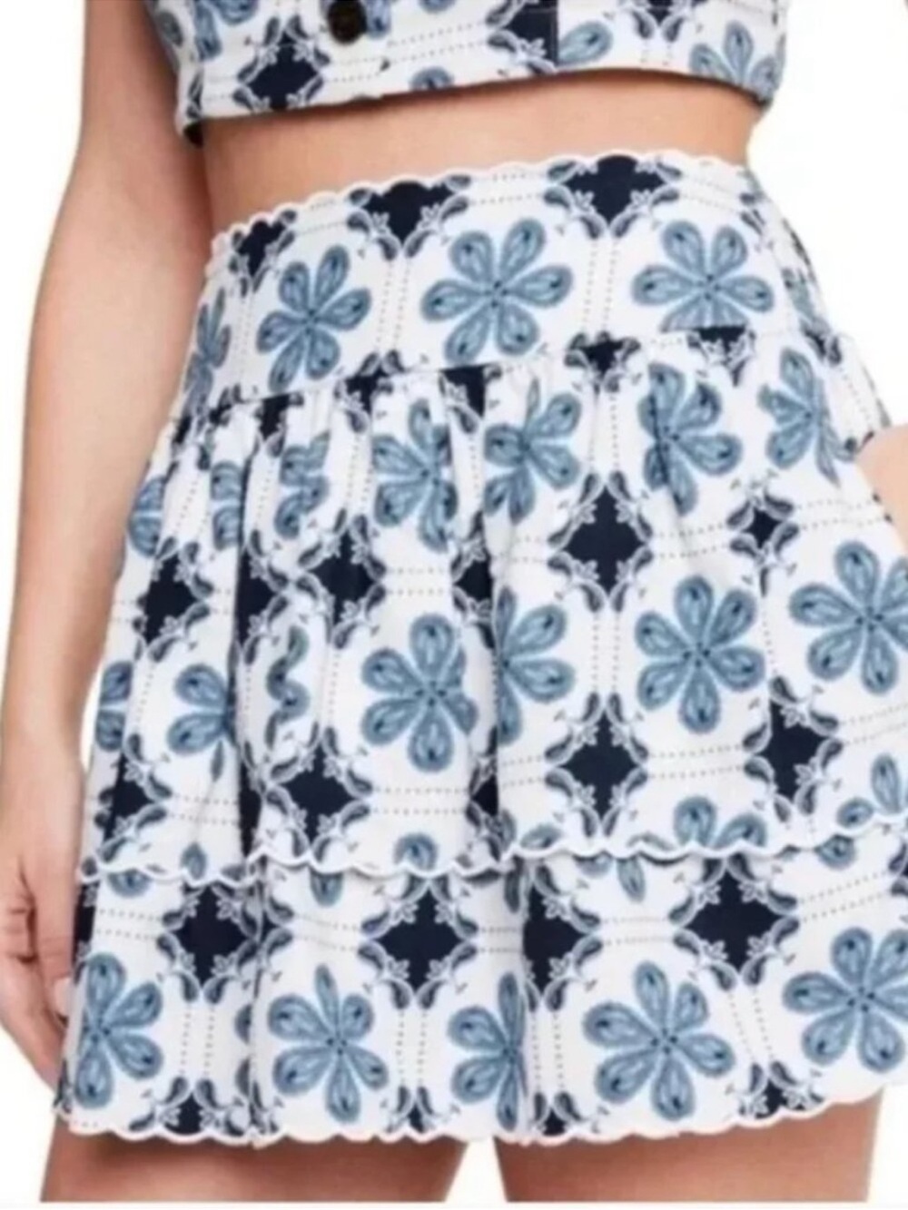 Agua Bendita x Target Floral Mini skirt Linen Blend White Navy Tiered Pockets